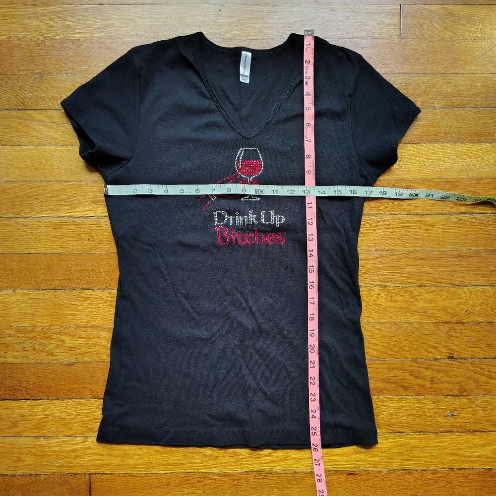 Y2k T-Shirt Rhinestone Bling Black Women's Tee Drink Up Bitches Red Wine Glass - Picture 7 of 8